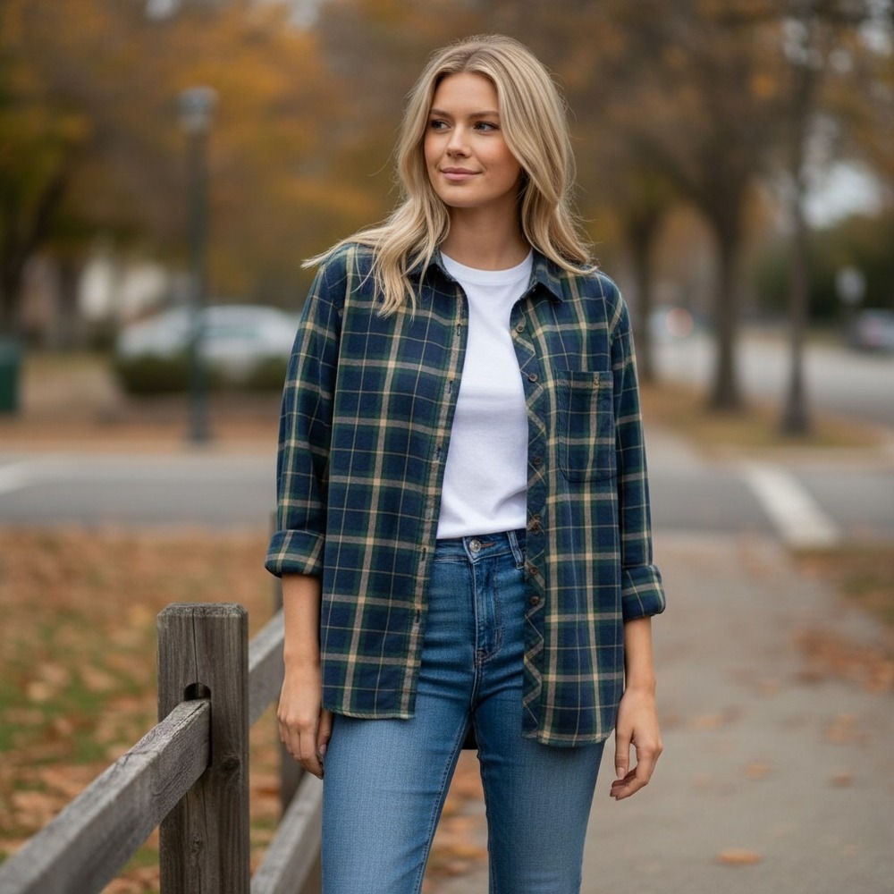 Cabelas Womens XL Plaid Flannel Button Down Shirt Blue Green Long Sleeve Outdoor